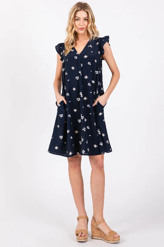 ladies-floral-dress-ecru-essence-Navy Blue Floral Ruffle Cap Sleeve Dress