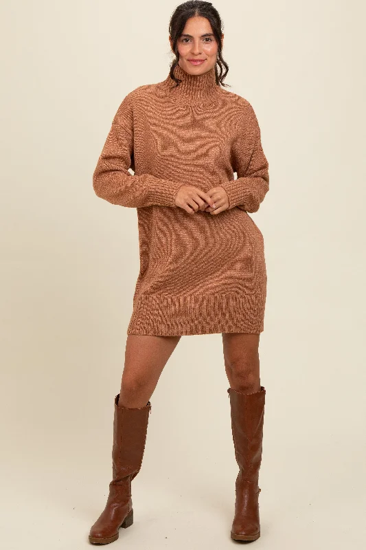 Women's mini dress pure chic -Camel Turtle Neck Mini Sweater Dress