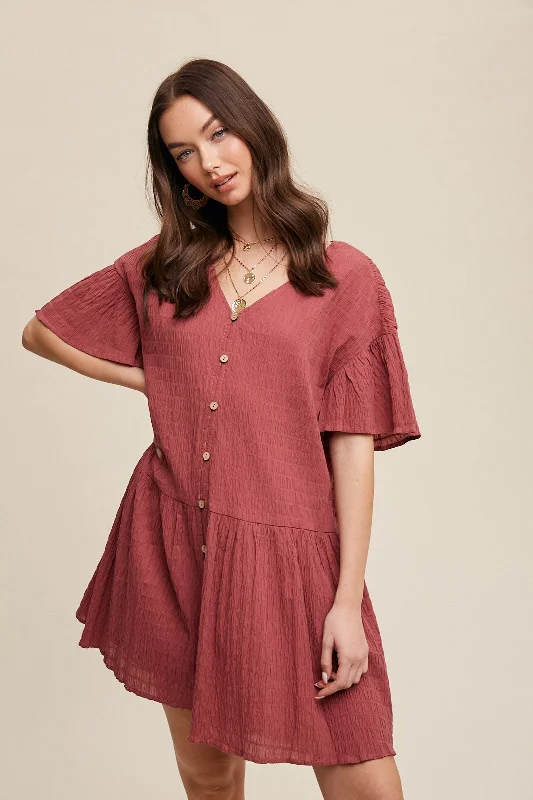 Women's mini dress chill pop -Deep Rose Crinkle Loose Fit Mini Dress