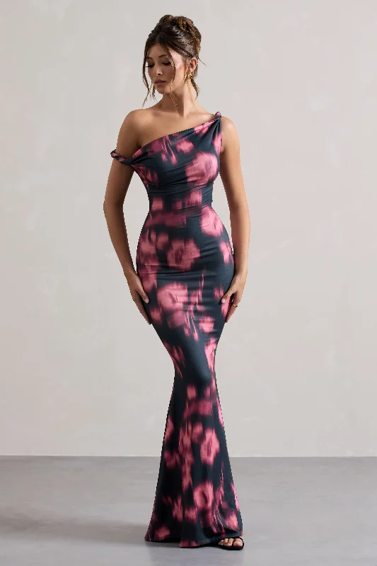 ladies-maxi-dress-ruffle-rush-Lita | Pink Abstract Print Twisted Asymmetric Maxi Dress