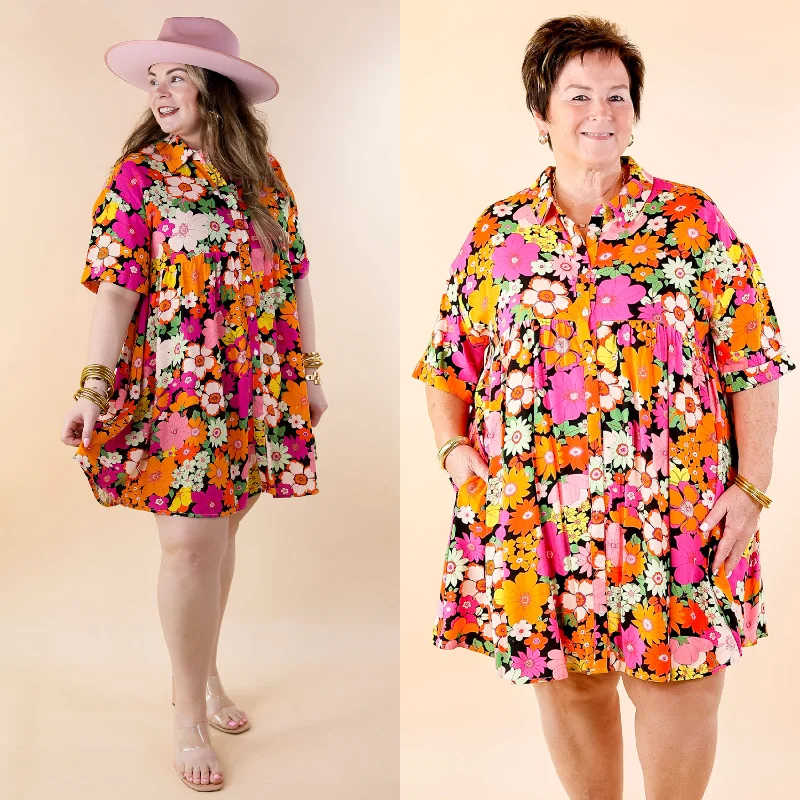 ladies-floral-dress-matte-mirth-Last Chance Size Large and XL | Ready To Flaunt Button Up Floral Print Dress in Orange and Pink Mix