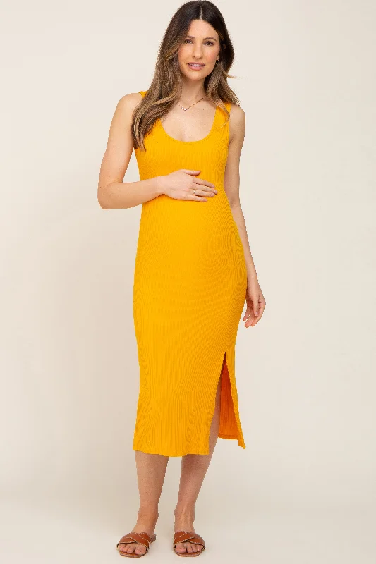 ladies-midi-dress-eco-essence-Yellow Ribbed Back Cutout Maternity Midi Dress