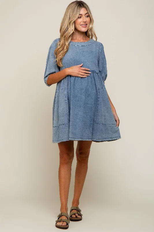 Women's mini dress perk glow -Blue Faded Denim Chambray Maternity Mini Dress