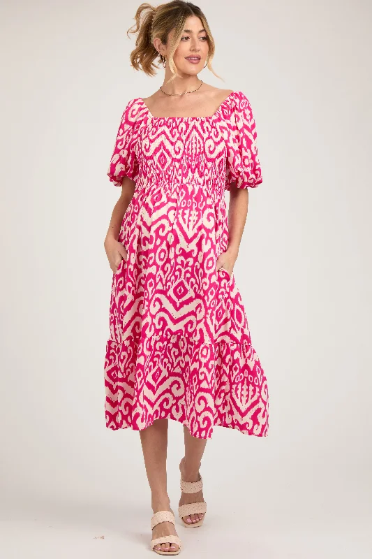 ladies-midi-dress-bold-bloom-Fuchsia Square Neck Smocked Ruffle Maternity Midi Dress