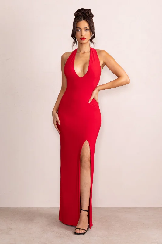 ladies-maxi-dress-dance-dawn-Ines | Red Plunge Neck Sculptured Back Maxi Dress