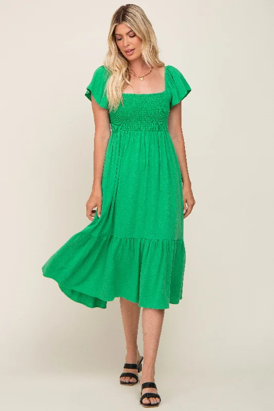 ladies-midi-dress-insta-illume-Green Smocked Ruffle Hem Midi Dress