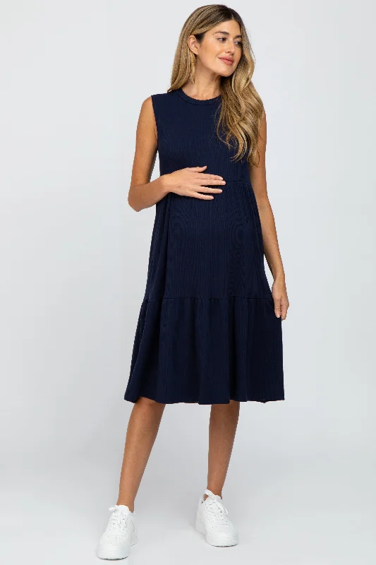 ladies-midi-dress-lapis-luster-Navy Ribbed Sleeveless Maternity Midi Dress