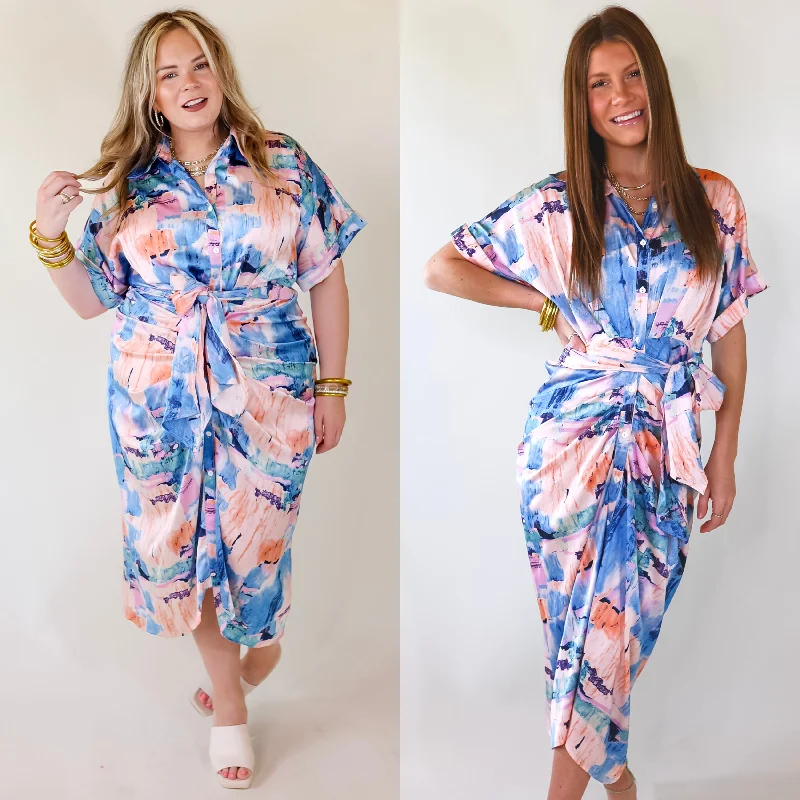 ladies-midi-dress-high-waist-harmony-Abstract Meetings Collared Button Up Midi Dress With a Tied Waist in Blue and Coral Pink