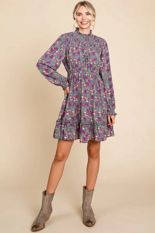 ladies-floral-dress-low-cut-lush-Grey Floral Print Smocked Yoke Dress