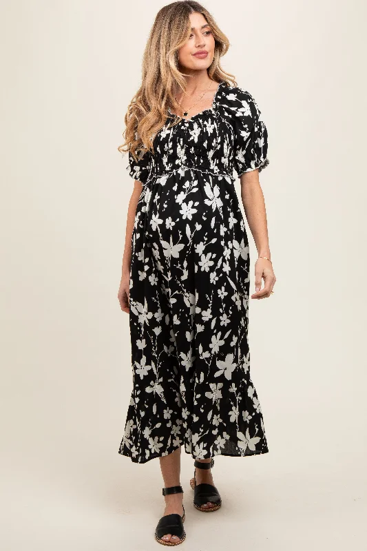 ladies-midi-dress-matte-muse-Black Floral Puff Sleeve Maternity Midi Dress