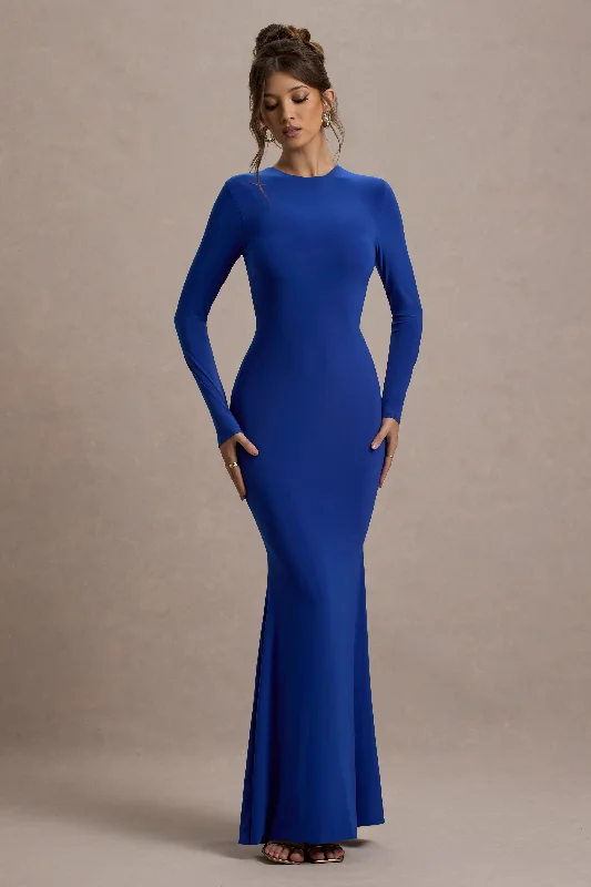 ladies-maxi-dress-aqua-aura-Donna | Cobalt Blue Long-Sleeved Open-Back Maxi Dress