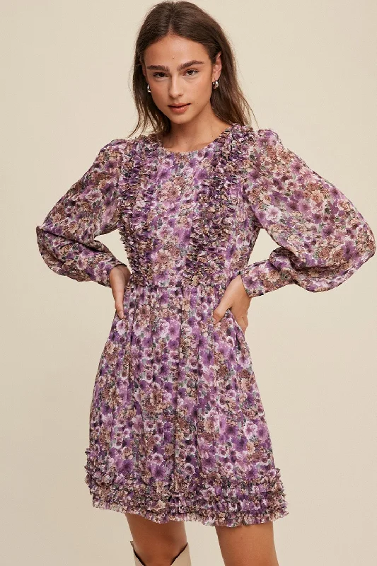 ladies-floral-dress-stretchy-sprig-Violet Floral Print Ruffle Detailed Long Sleeve Dress