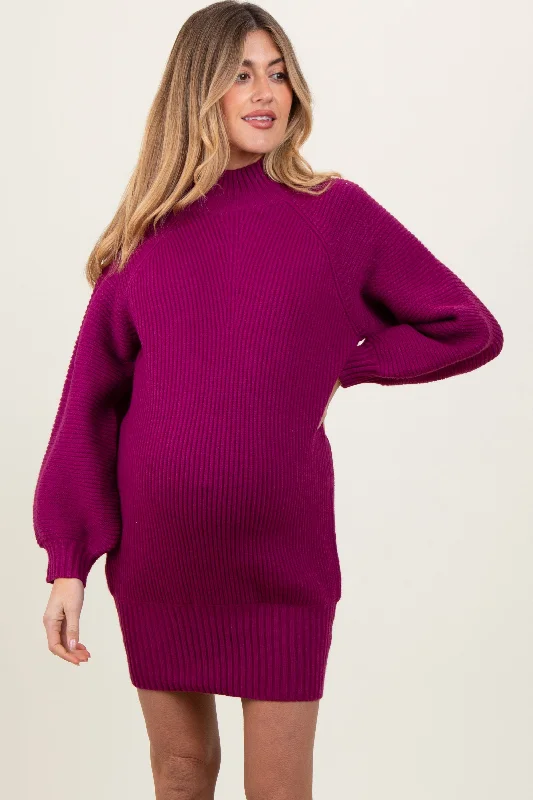 Women's mini dress nip pop -Magenta Mock Neck Maternity Sweater Mini Dress