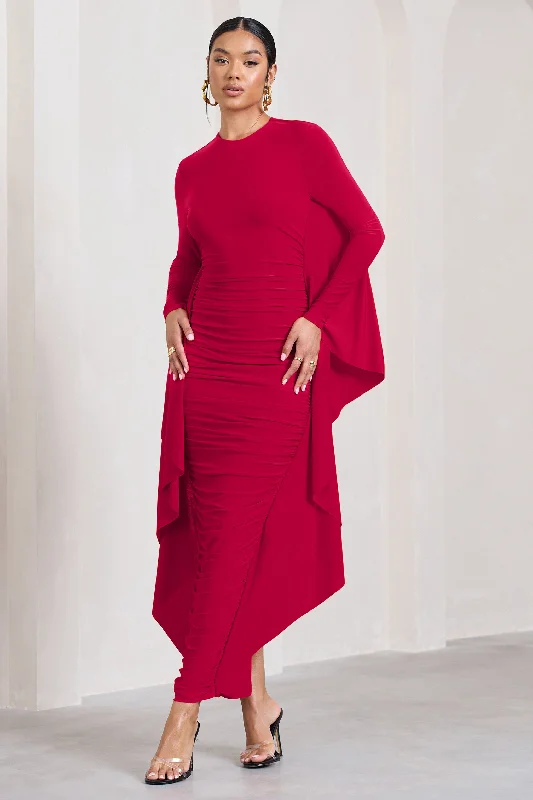 ladies-maxi-dress-beach-bliss-Keva | Red Long Sleeve Ruched Maxi Dress with Cape Detailing