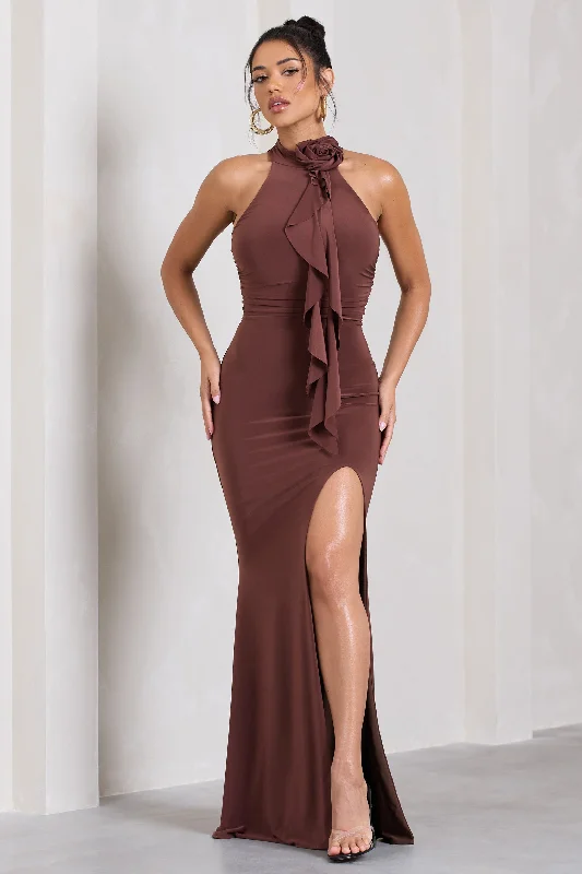 ladies-maxi-dress-short-sleeve-breeze-Wanderer | Chocolate Brown Ruched Halter-Neck Split Maxi Dress With Flower