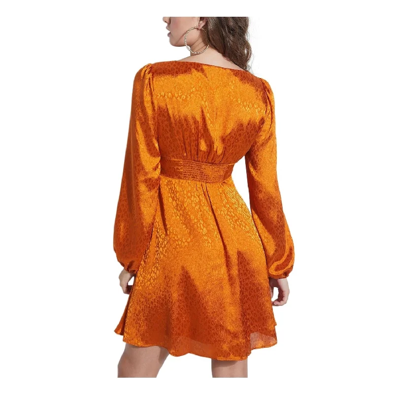 Women's party dress preppy -Guess Women's Animal Print Long Sleeve V Neck Short Fit Flare Party Dress Orange Size Medium