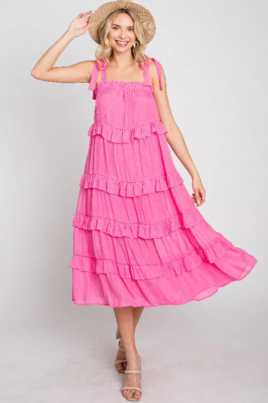 ladies-midi-dress-sage-sway-Fuchsia Ruffle Tiered Midi Dress