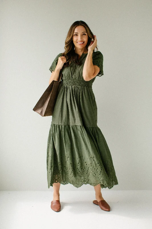 ladies-maxi-dress-slate-silk-'Georgina' Eyelet Detail Smocked Waist Maxi Dress in Olive