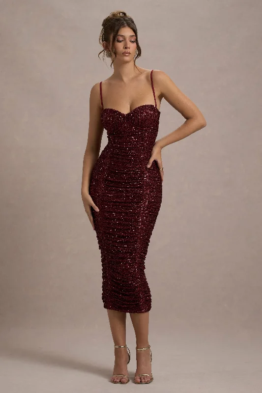 Women's bodycon dress wild vibe -New Energy | Plum Sequin Strappy Ruched Bodycon Midi Dress