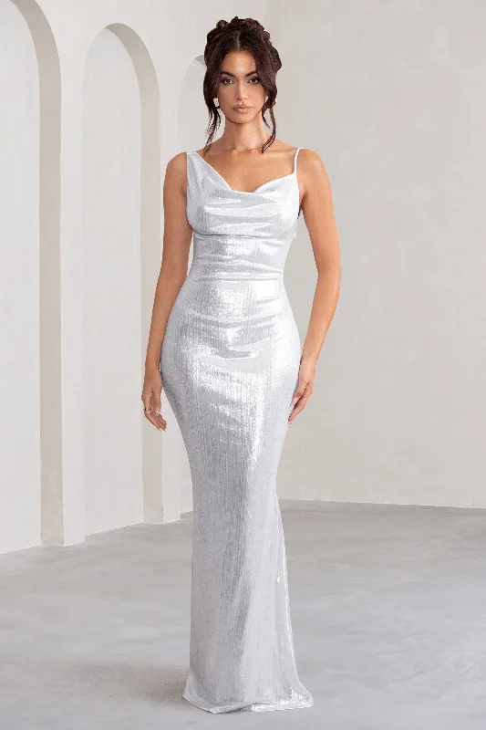 ladies-maxi-dress-cut-out-charm-Galaxy Shimmer | Silver Bias Cut Cowl Front Maxi Dress