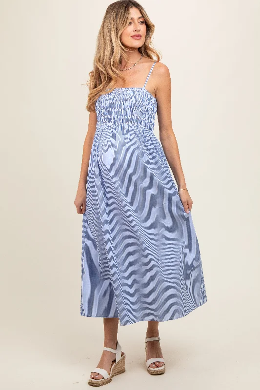 ladies-midi-dress-weekend-whisper-Blue Bartlett Striped Smocked Maternity Midi Dress