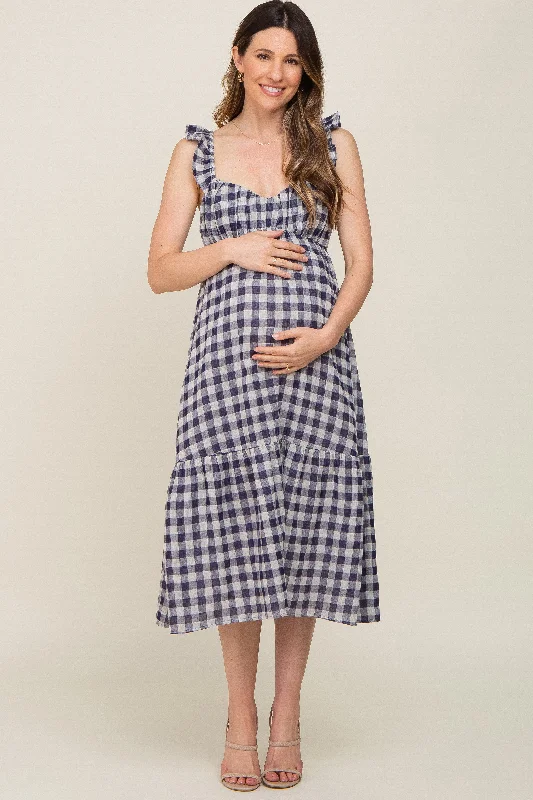 ladies-midi-dress-coral-cool-Navy Blue Checkered Linen Sweetheart Neck Ruffle Strap Maternity Midi Dress