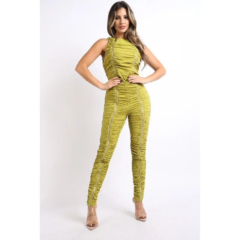 Women's bodycon dress chic flair -Track Zipper Ruched Jumpsuit Ruffle Dress Bodycon Jumpsuit Chartreuse