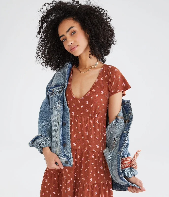 ladies-floral-dress-flirty-fawn-Aeropostale Floral V-Neck Babydoll Dress