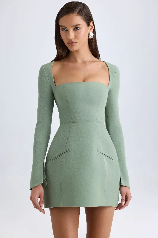 Women's mini dress clan chic -Square-Neck Structured Tulip Mini Dress in Khaki Green