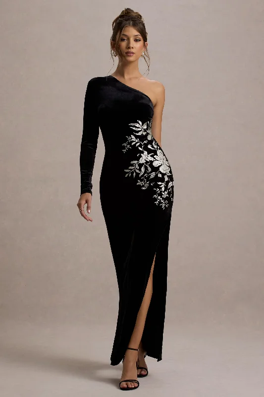 ladies-maxi-dress-off-shoulder-orchid-Chance | Black Embroidered Velvet One-Sleeve Maxi Dress