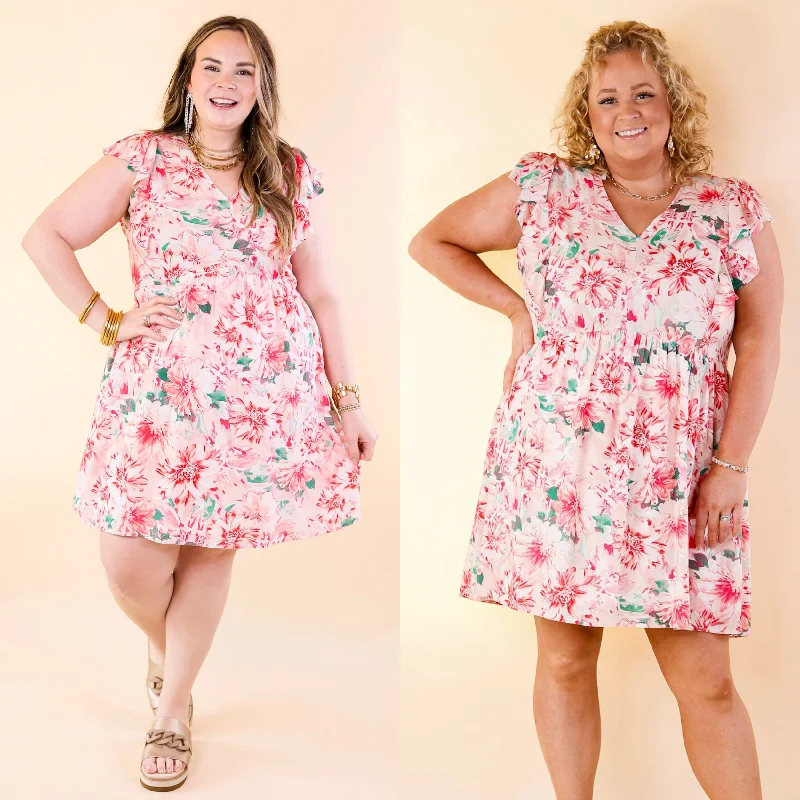 ladies-floral-dress-padded-poise-Sunshine On My Mind Floral Ruffle Cap Sleeve Dress in Pink