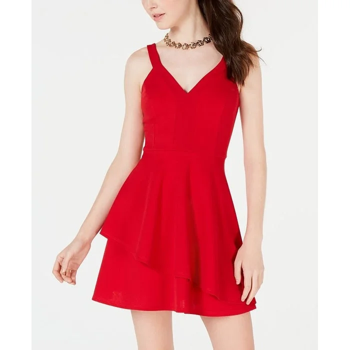 Women's party dress high fashion -Teeze Me Women's Double Ruffle V Neck Party Dress Red Size 5