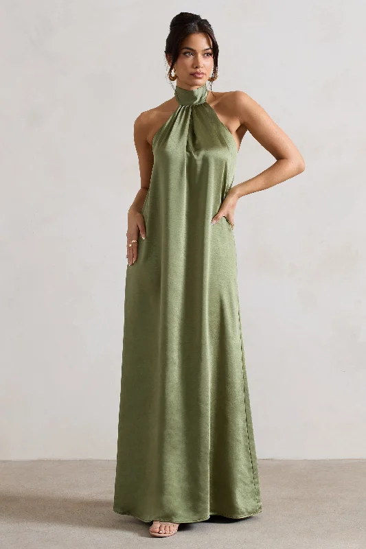 ladies-maxi-dress-cold-shoulder-chic-Gloriana | Olive Green Satin High-Neck Maxi Dress