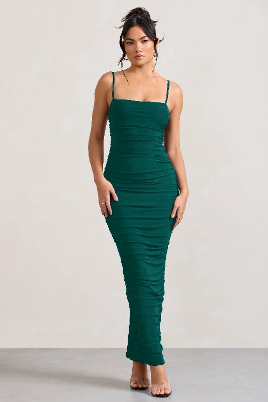 Women's bodycon dress bloom chic -Ellis | Bottle Green Ruched Mesh Strappy Bodycon Maxi Dress