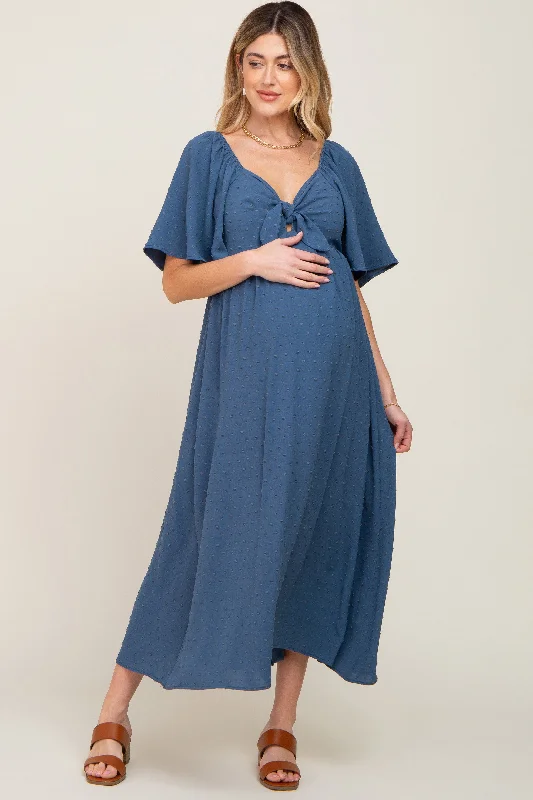 ladies-midi-dress-silver-sweep-Navy Blue Textured Dot Front Tie Ruffle Sleeve Maternity Midi Dress