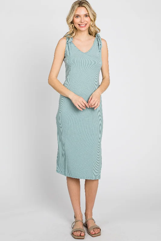 ladies-midi-dress-photo-prance-Mint Green Ribbed Shoulder Tie Midi Dress