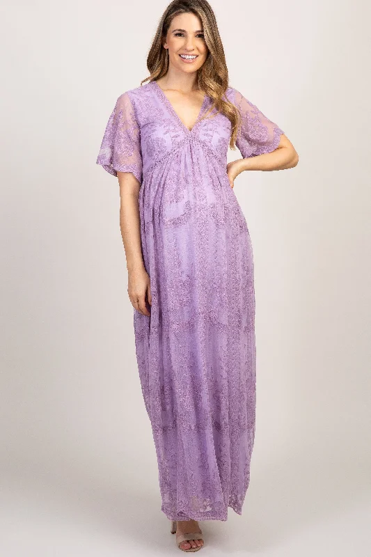 ladies-maxi-dress-winter-warm-PinkBlush Lavender Lace Mesh Overlay Maternity Maxi Dress