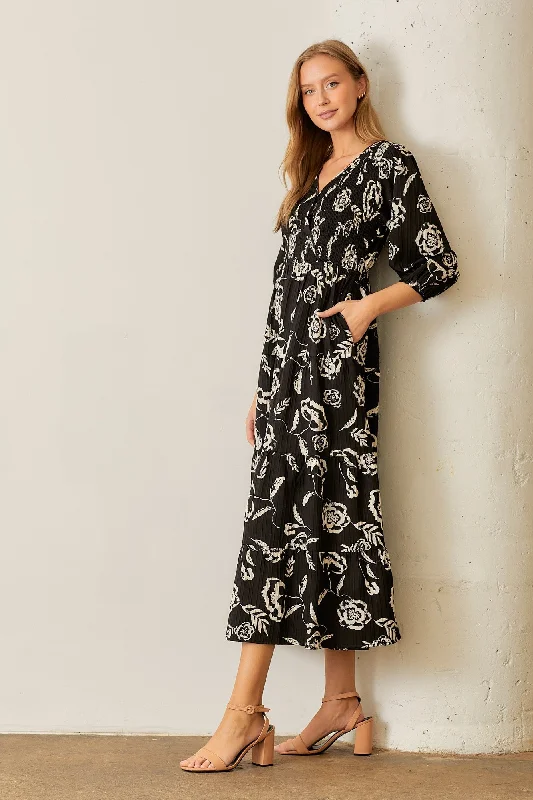 ladies-floral-dress-taupe-tide-Black Floral Smocked Tiered Dress