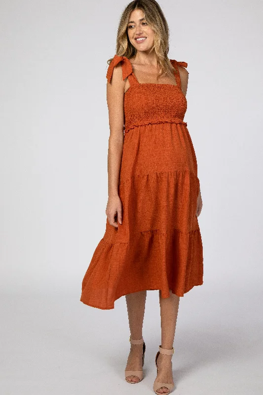 ladies-midi-dress-calf-length-chic-Rust Bow Strap Tiered Maternity Midi Dress