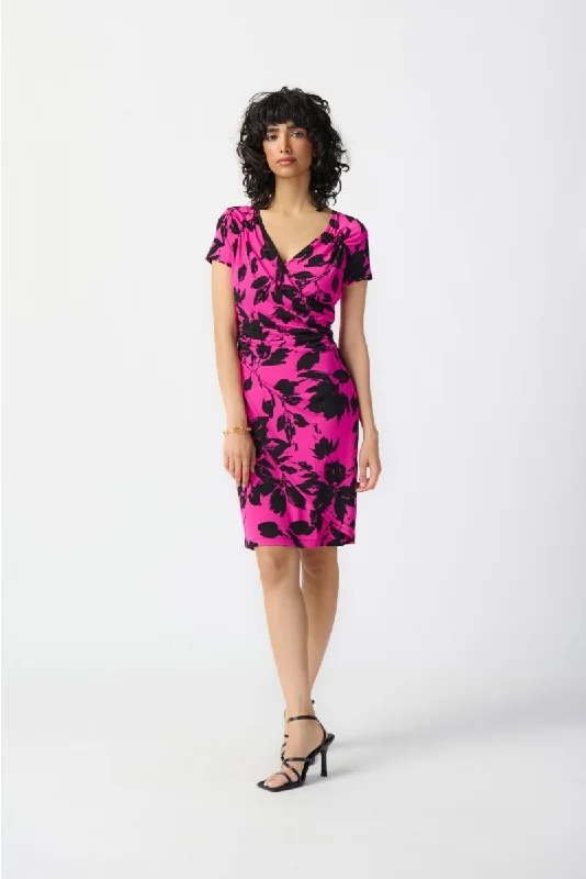 ladies-floral-dress-structured-sprout-Joseph Ribkoff Pink/Black Floral Print Ruched Faux Wrap Sheath Dress 241118