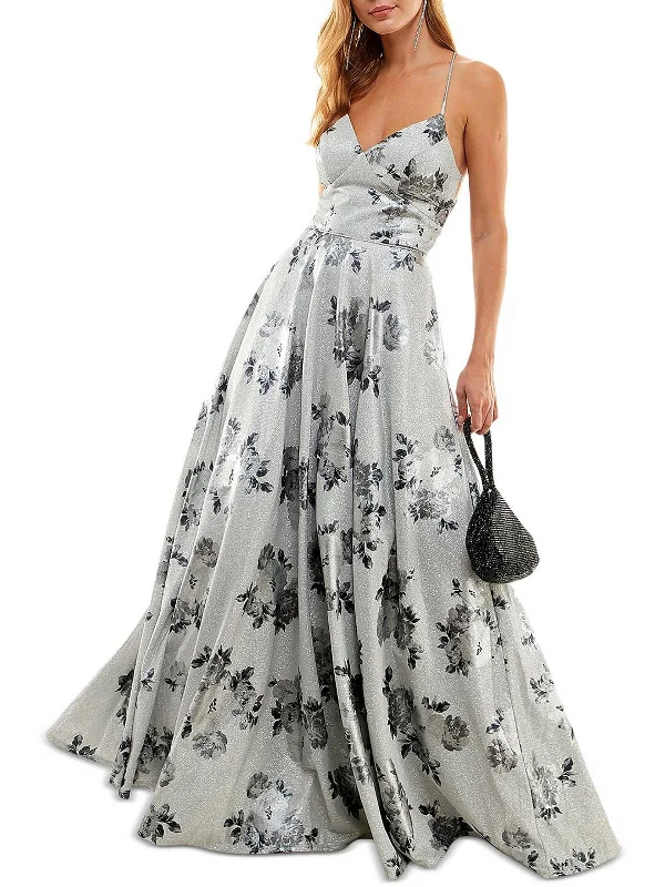 ladies-floral-dress-linen-luster-Juniors Womens Floral Glitter Evening Dress