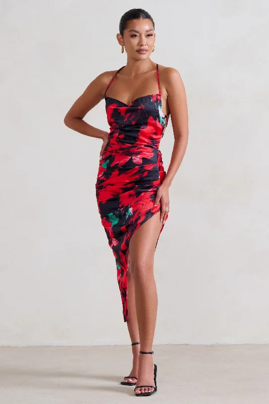 ladies-floral-dress-beach-bloom-Risk It All | Black & Red Floral Print Cami Cowl Neck Asymmetric Hem Dress