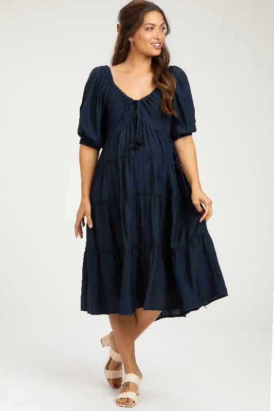 ladies-midi-dress-ash-allure-Navy Tiered Maternity Midi Dress