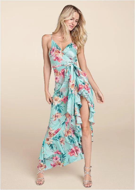 ladies-floral-dress-picnic-poise-Floral Print Wrap Dress - Aqua Multi