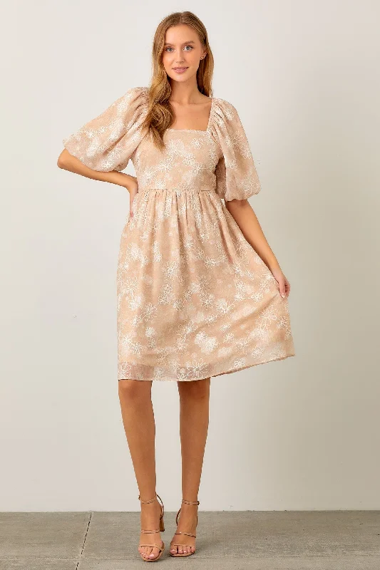 ladies-floral-dress-plum-poise-Beige Floral Embroidered Short Puff Sleeve Dress