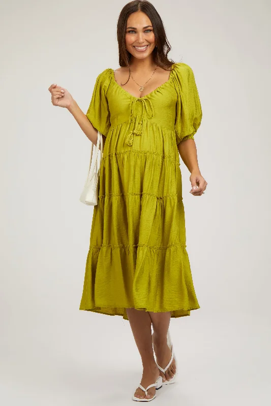 ladies-midi-dress-chartreuse-charm-Lime Tiered Maternity Midi Dress