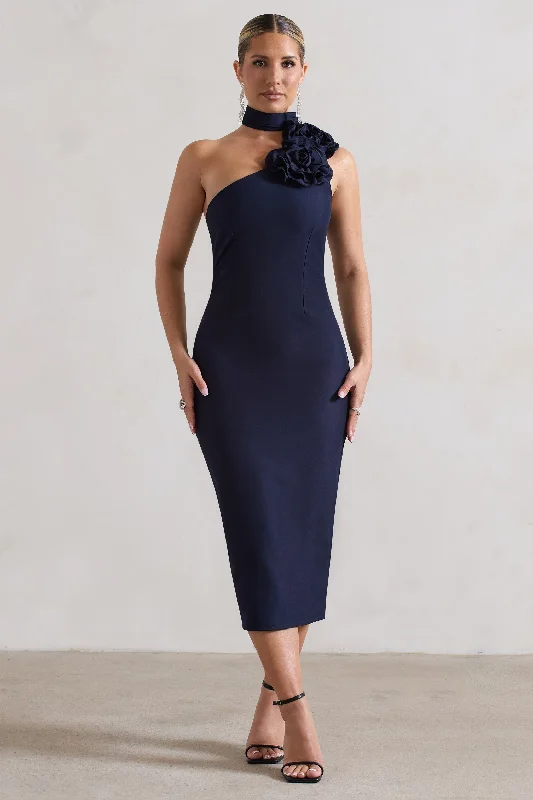 Women's bodycon dress joy chic -The Soiree | Navy Bodycon Midi Dress With Ruffled Choker