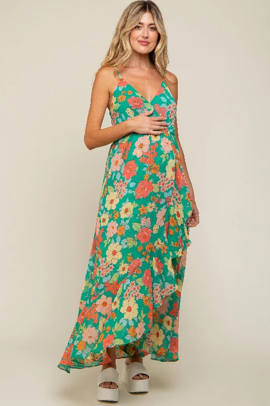 ladies-midi-dress-beach-billow-Green Floral Chiffon Ruffle Hi-Low Sleeveless Maternity Midi Dress