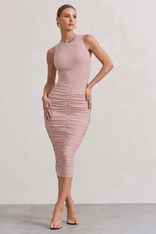 Women's bodycon dress sleek glow -Antonia | Champagne Sleeveless Ruched Bodycon Midi Dress