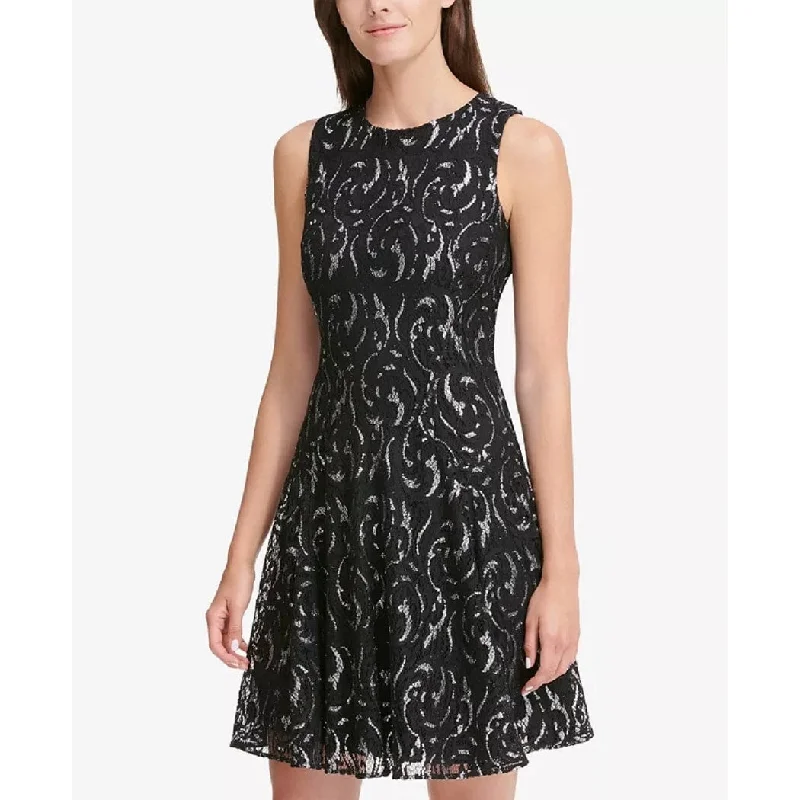 Women's party dress chic twist -Tommy Hilfiger Women's Printed Sleeveless Jewel Neck Short Fit Flare Party Dress Black Size 6